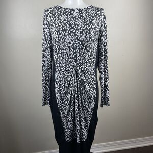 Brooks Brothers Size 12 Black Floral Sheath Midi Dress Ruched Career Stretch